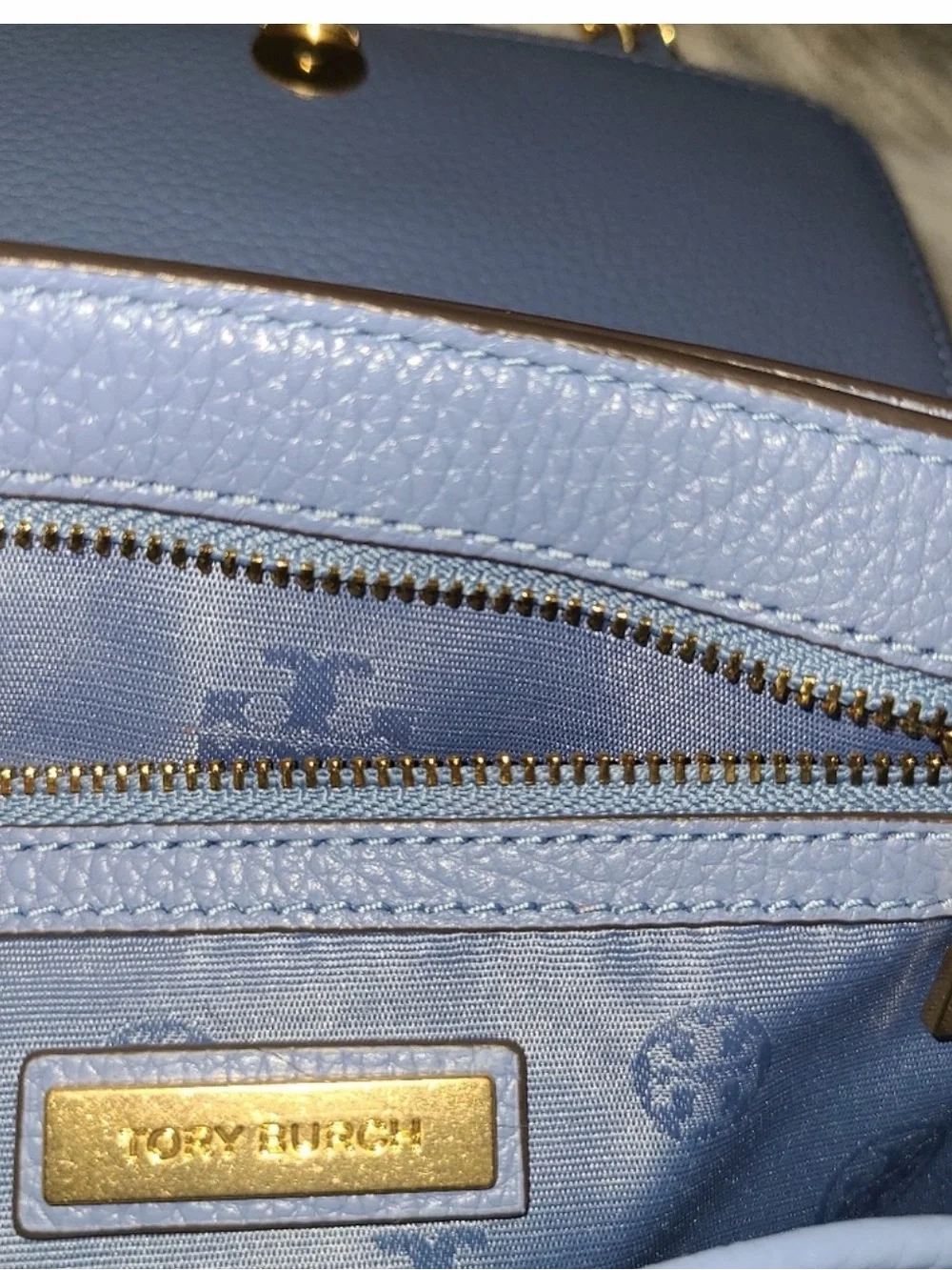 Tory Burch Navy Pebbled Leather Crossbody with Gold Logo Chain